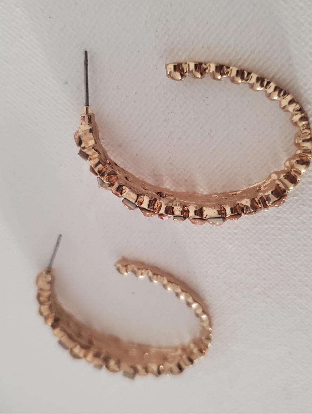 Gold-Tone Crystal Hoop Earrings - Sparkling‎ Rose Gold Stones - Picture 5 of 7